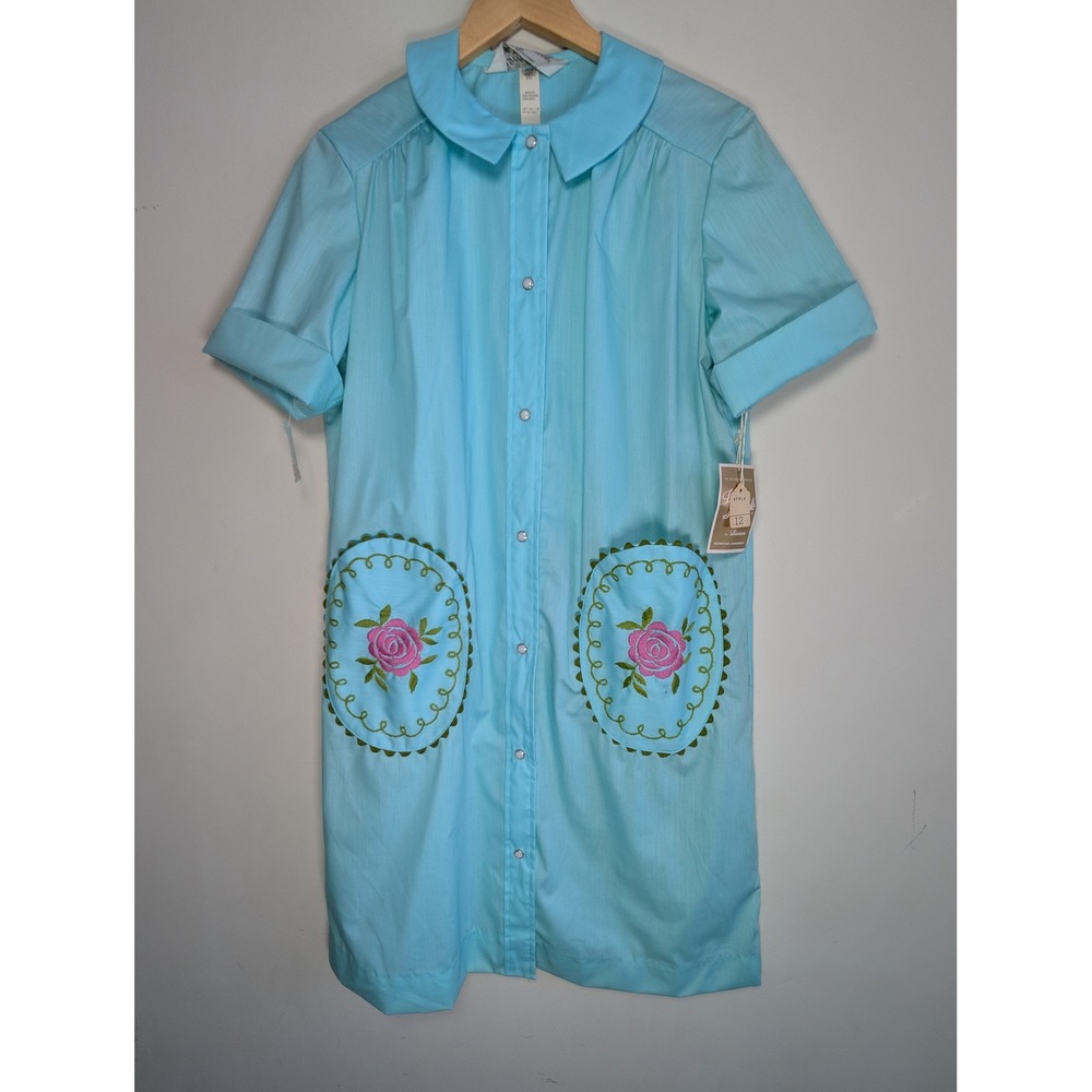 Vtg 70s Lisa Smock Lisanne House Dress Duster Robe Snap Front Rose Embroidery 12